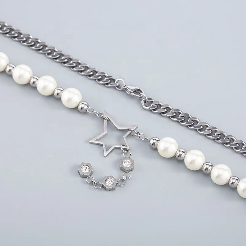 2022 New Punk Trend Men/Women Long Sweater Chain Stainless Steel Rhinestone Pearl Star Pendant Necklaces
