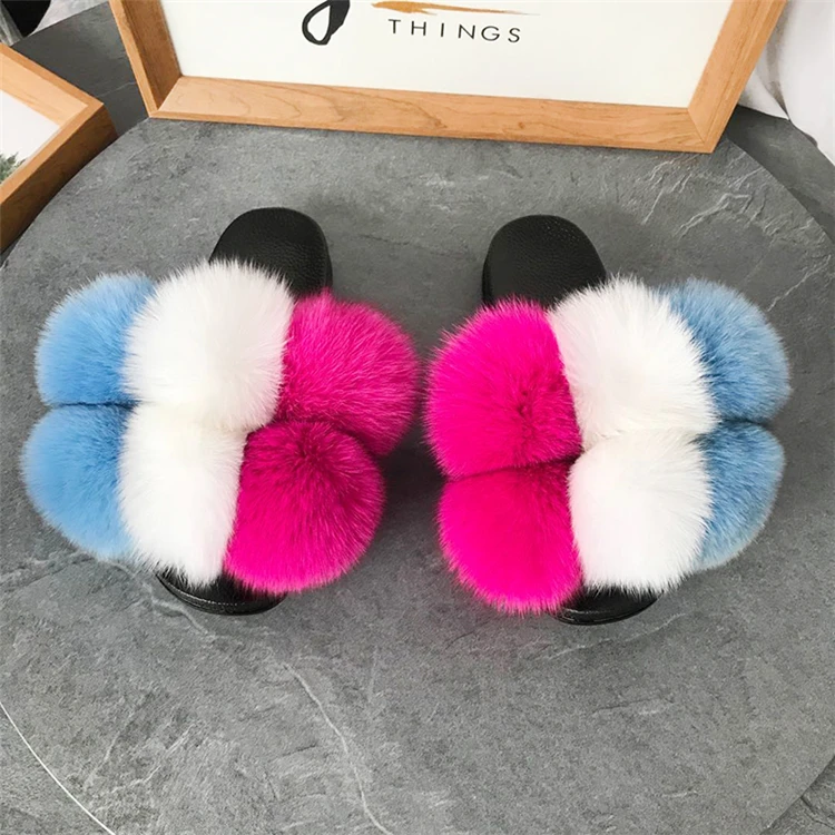 
custom logo indoor eva sole slide sandal colorful 100% fox fur slipper 
