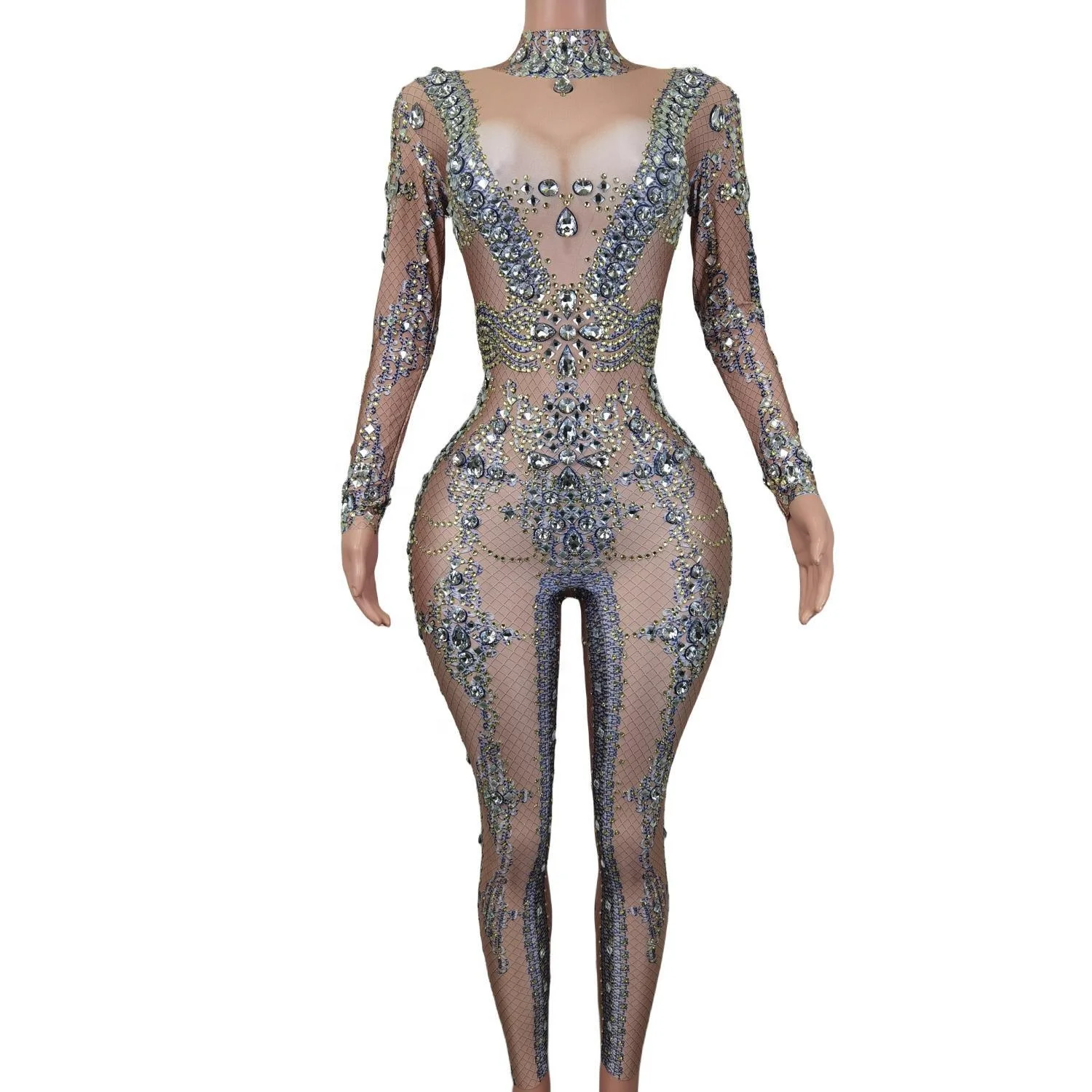 Sparkly Long Sleeves Rhinestone Bodysuit Festival Performance Outfit Plus Size Female Sexy Diamonds Rompers Party Women Jumpsuit