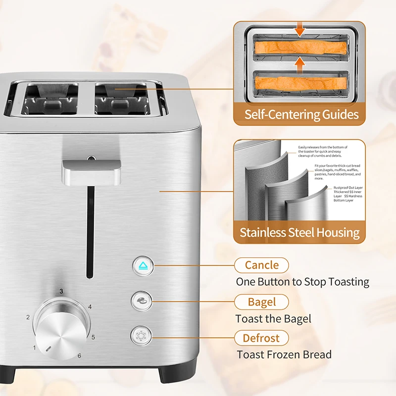 Tenfly Home Bread Toaster, Stainless Steel 2 Slice Bread Maker with LED Light Pop-up Breakfast Sandwich Maker Factory Custom