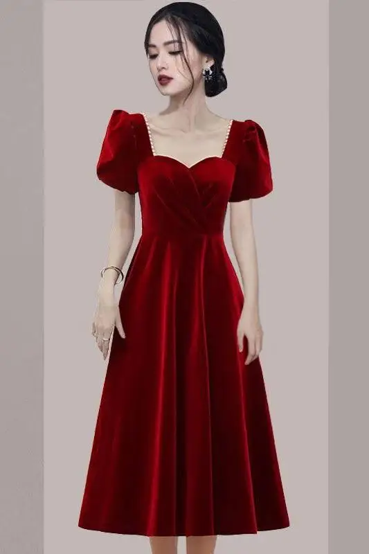 Droma wholesale in stock custom made french style fashion long sleeve velvet evening dresses women velvet dress
