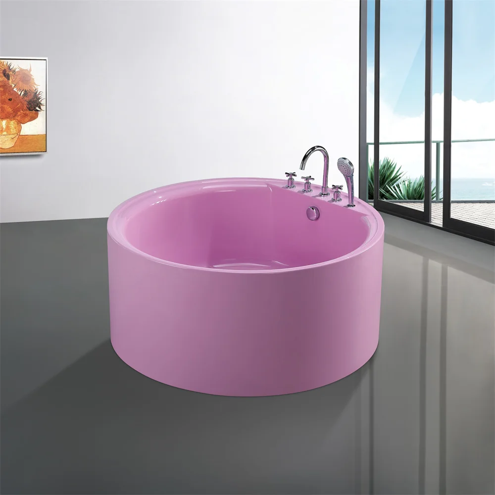 Custom Solid Acrylic  Pink Free Standing Bathtub Round Tub Freestanding Modern Factory Bath tub