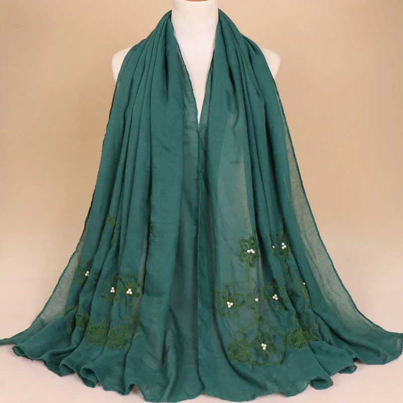 Nation Style High Quality Women Lace Bead Islam Muslim Scarf Cotton Hijab Embroidery Pearl Scarf