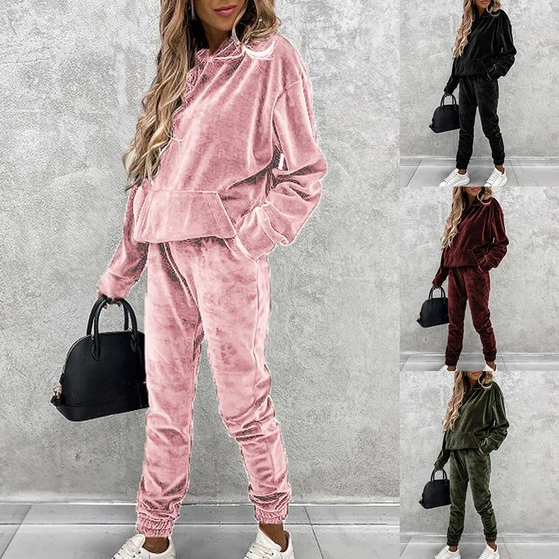 2022 winter womens thick pullover sweatshirt 2 piece set loose velvet velour tracksuit for women