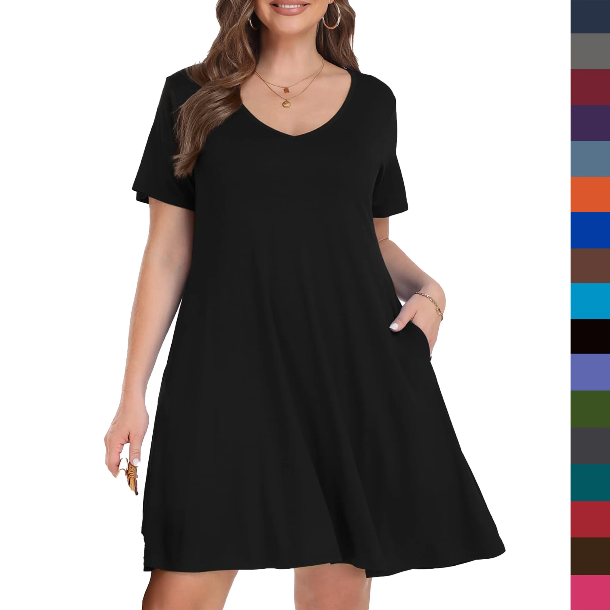 Plus Size Women V-Neck Pullover Buttery Soft Floaty Pleated Mini Knee High Summer Short Sleeve T-Shirt Swing Dress With Pockets