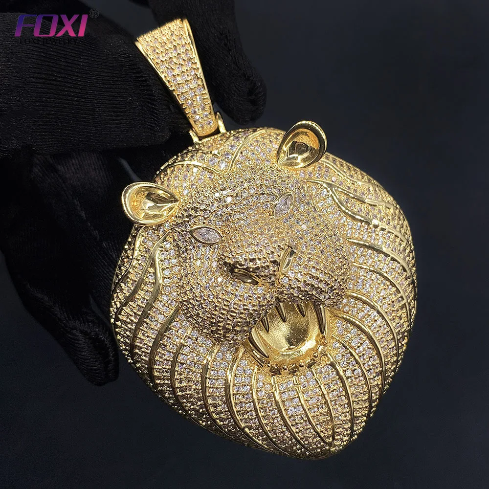 Hip Hop Roaring Lion Pendant High-End Luxury Charm Gold Plated Full Moissanite Realistic Lion Charm Necklace Pendant For Men