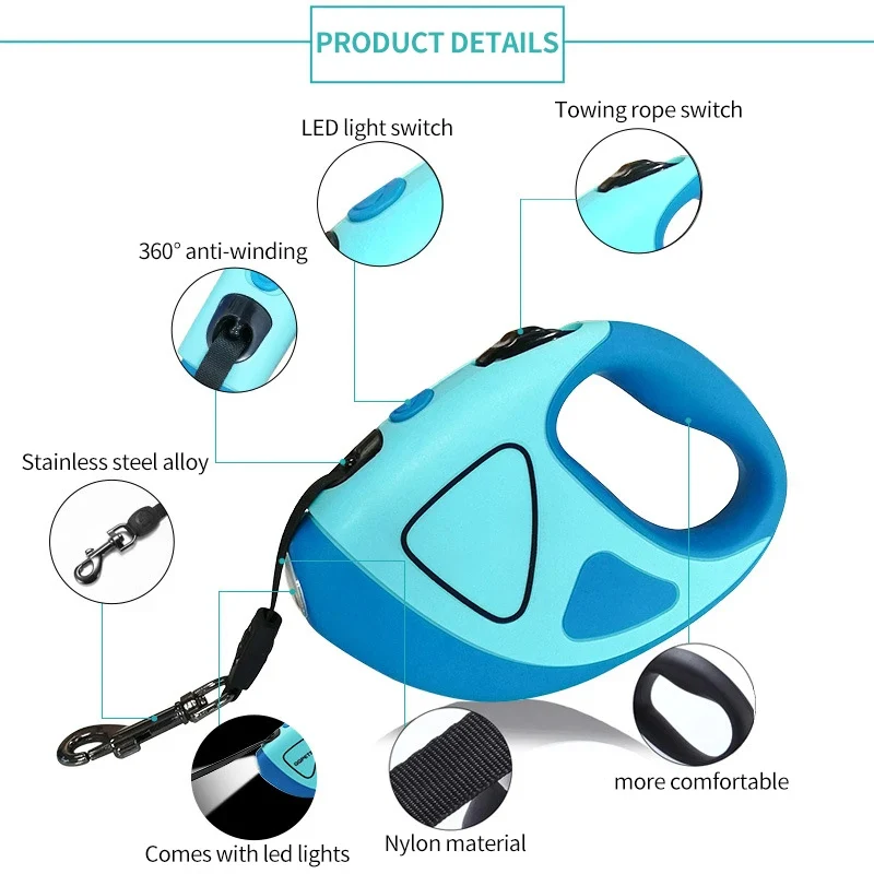 Custom Logo Tangle-Free Retractable Pet Dog Leash 16 Ft Handfree Dog Leash with Bright Led Light Flashlight