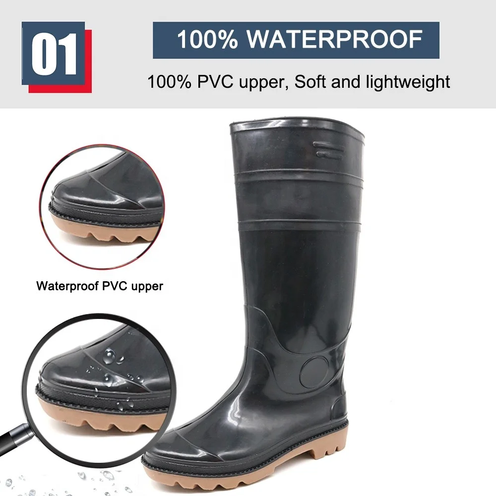 Black knee high anti slip oil acid alkali resistant waterproof cheap plastic light weight non safety pvc rain boots men