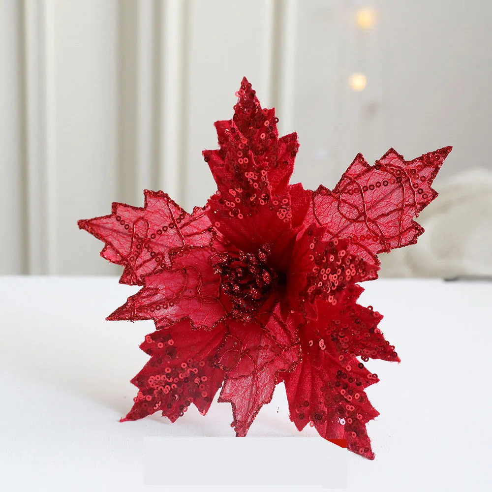 Holiday Xmas Glitter Golden Red Hanging Ornament Artificial Silk Flower Tree Poinsettia for Party Home Decoration