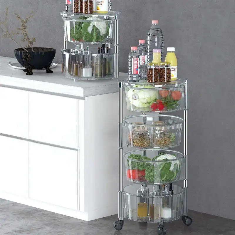 Household Bathroom Rolling Storage Cart Plastic Round Shape Rotating Vegetable Trolley Kitchen Fruit Organizer Rack