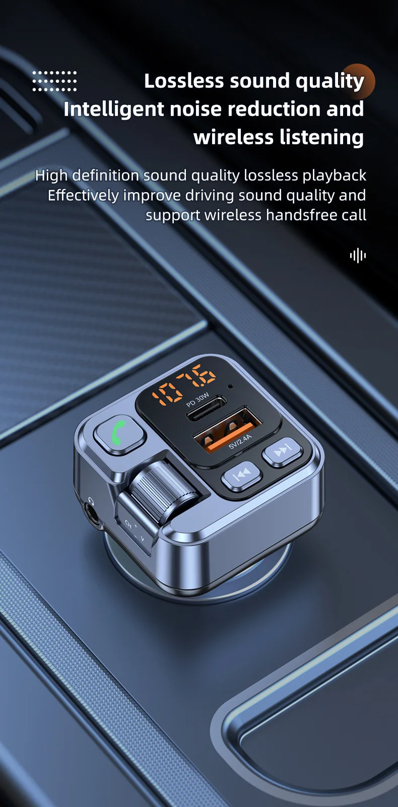 Автомобильный MP3-плеер FM-передатчик PD30W Быстрая зарядка + 2.4A автомобильный Bluetooth hands-free AUX воспроизведение автомобильное зарядное устройство