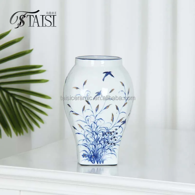 V268 9.5 inch blue and white antique vases for home decor Table Vase For Living Room Square porcelain Vase