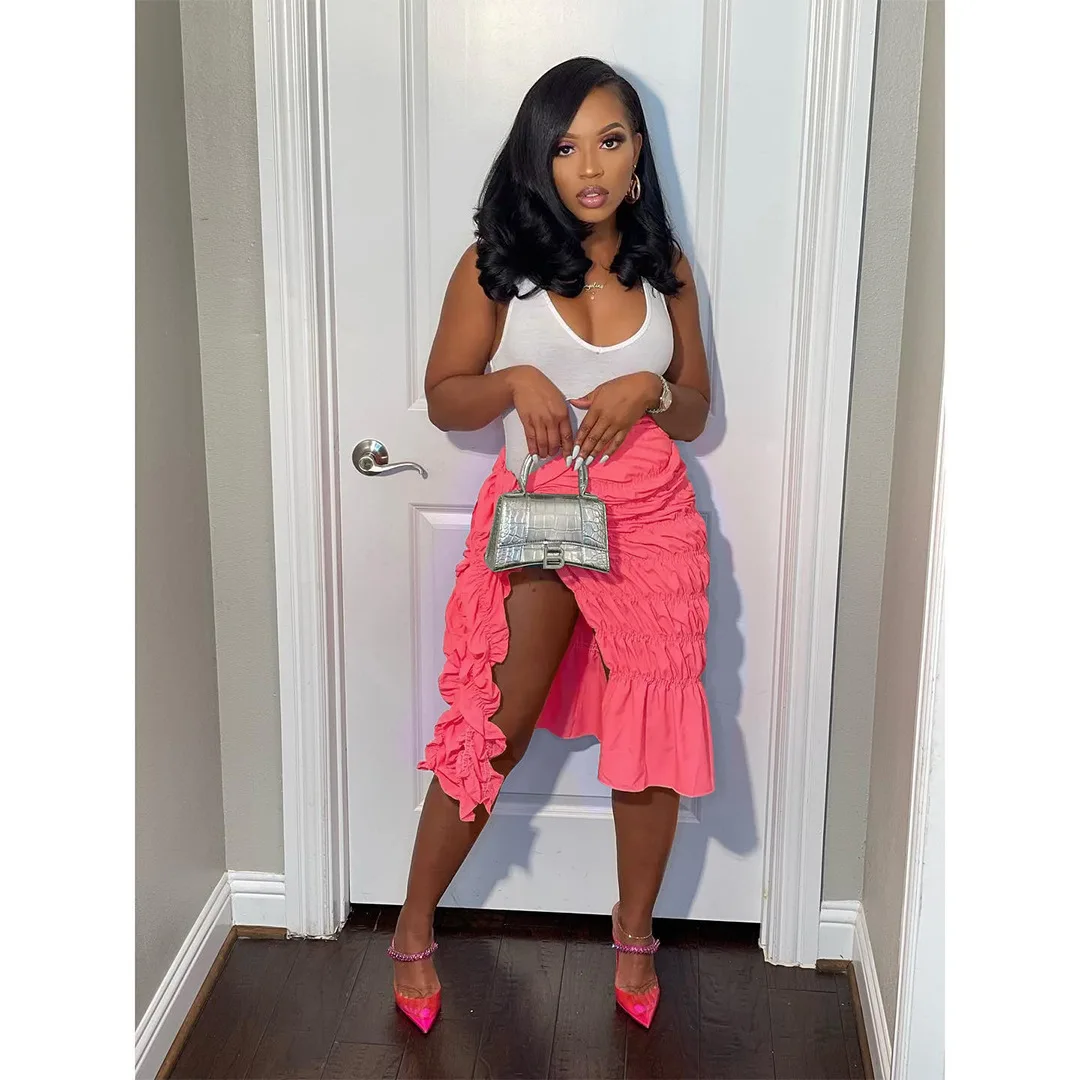 2024 Новая Летняя женская юбка с рюшами и завязками стрейч разрезом элегантная однотонная длинная повседневная макси со складками