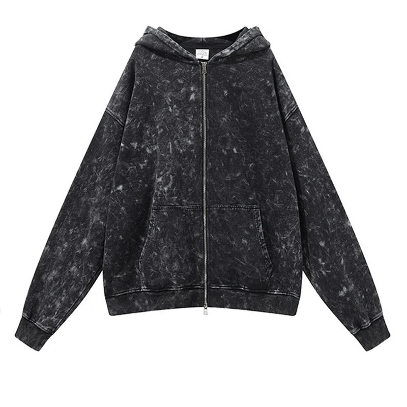 High Quality Street Wear Loose Wholesale Hoodie Fashion Clothing Man Blank Acid Washed Zip Up Hoodie