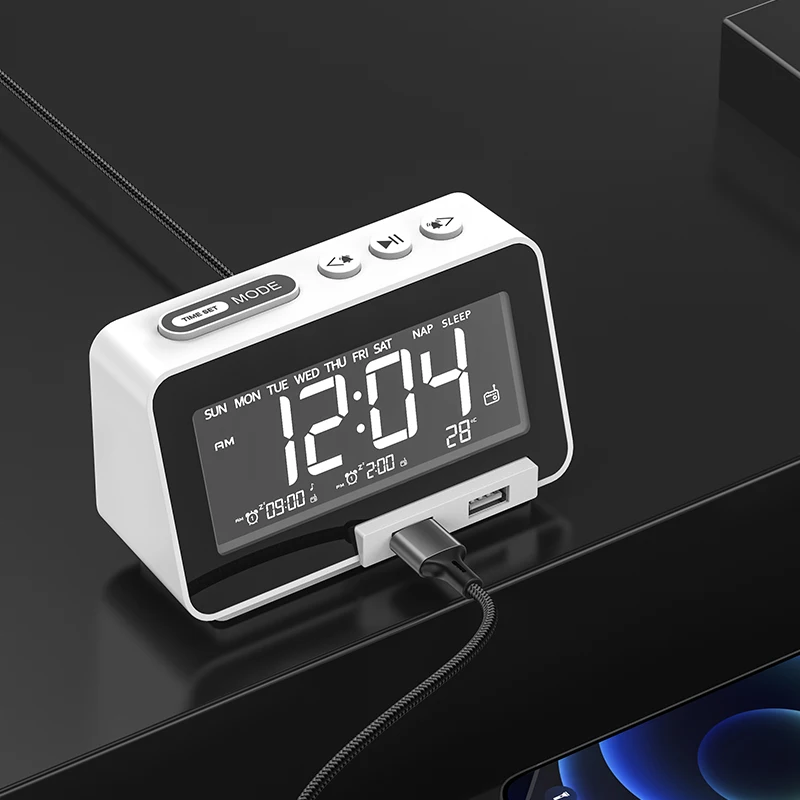 Hotel Alarm Clock Radio FM with sleep Timer Dual USB Port Charging Digital LED Display Dimming Adjustable Volume BT speaker