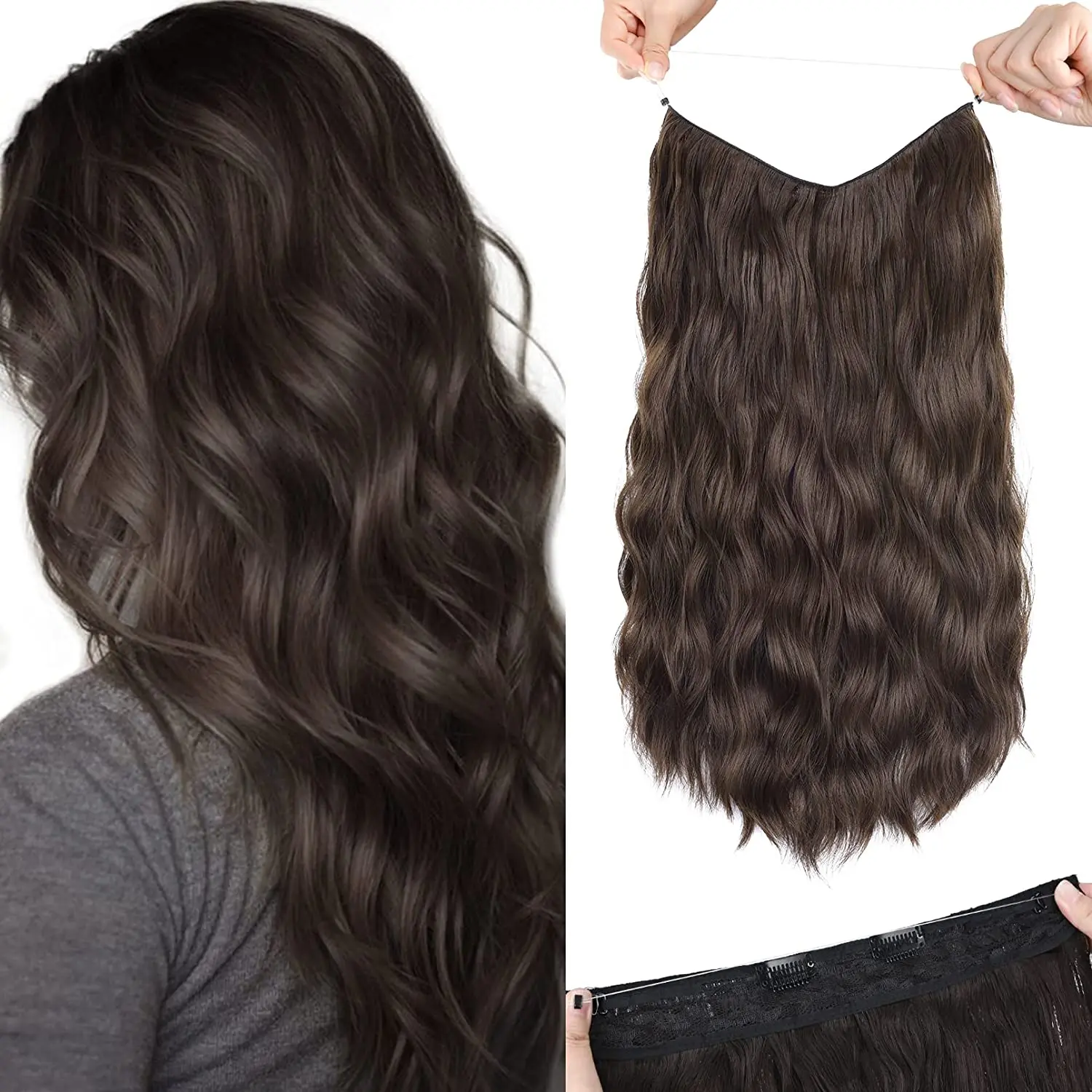 Wire in Hair Extensions Human Fish Line Natural  Hair Extensions with Clips Weft Hair Extensions For Women