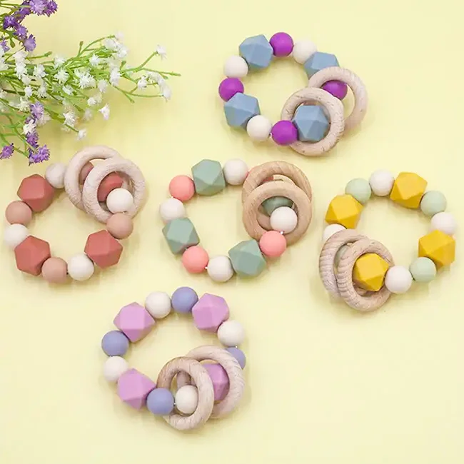 Newborn round unisex wooden teething ring senory chewable rattles toy beech cute soft infant silicone baby teether for gift