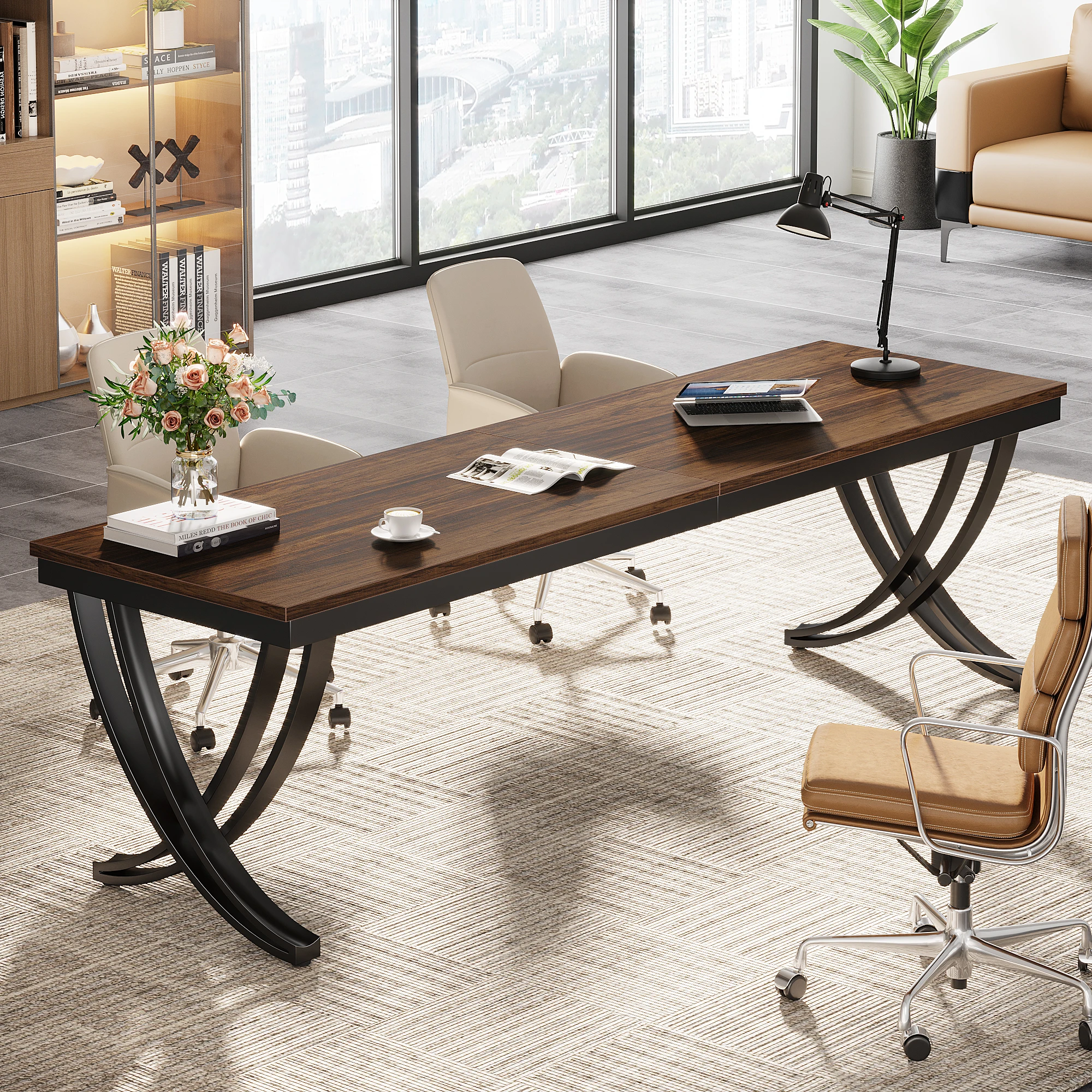 Tribesigns Hot Wooden Rectangle Two Person Desk Industrial Double Computer Desk with Metal Frame Tables