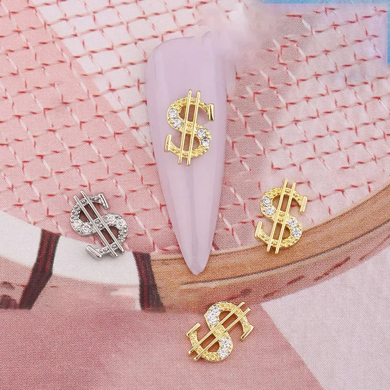 Dollar Sign Gold Silver Nail Jewels Money Design Nail Zircon Rhinestone Charms Studs Alloy Nail Art Decals Accessories