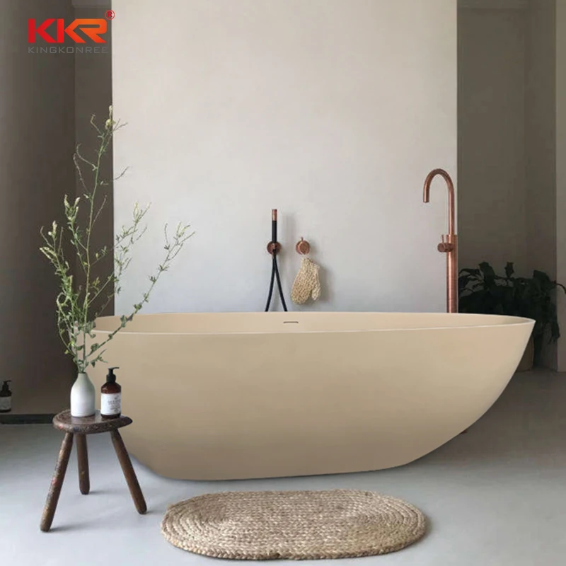 Artificial Stone Beige Quartz Color Acrylic Solid Surface Bath Tub Egg Shaped Freestanding Bathtubs