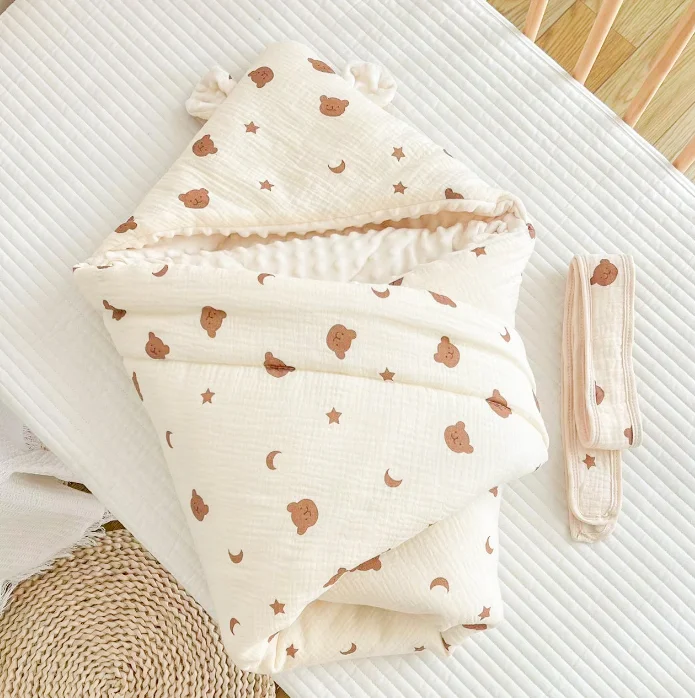 Stock Quick Delivery Mixed Patterns 100% Organic Cotton Hooded Towel Baby Wrap Blanket Nest Sleeping Bag Bear Fruit Pattern