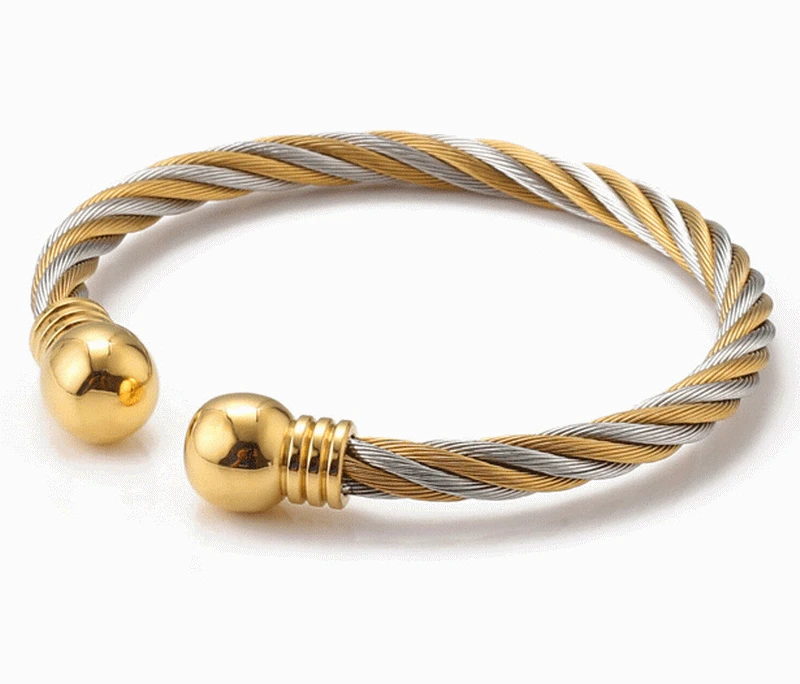 Stainless steel jewelry 2 tone twisted cable wire wrapped retro cuff bangle bracelet