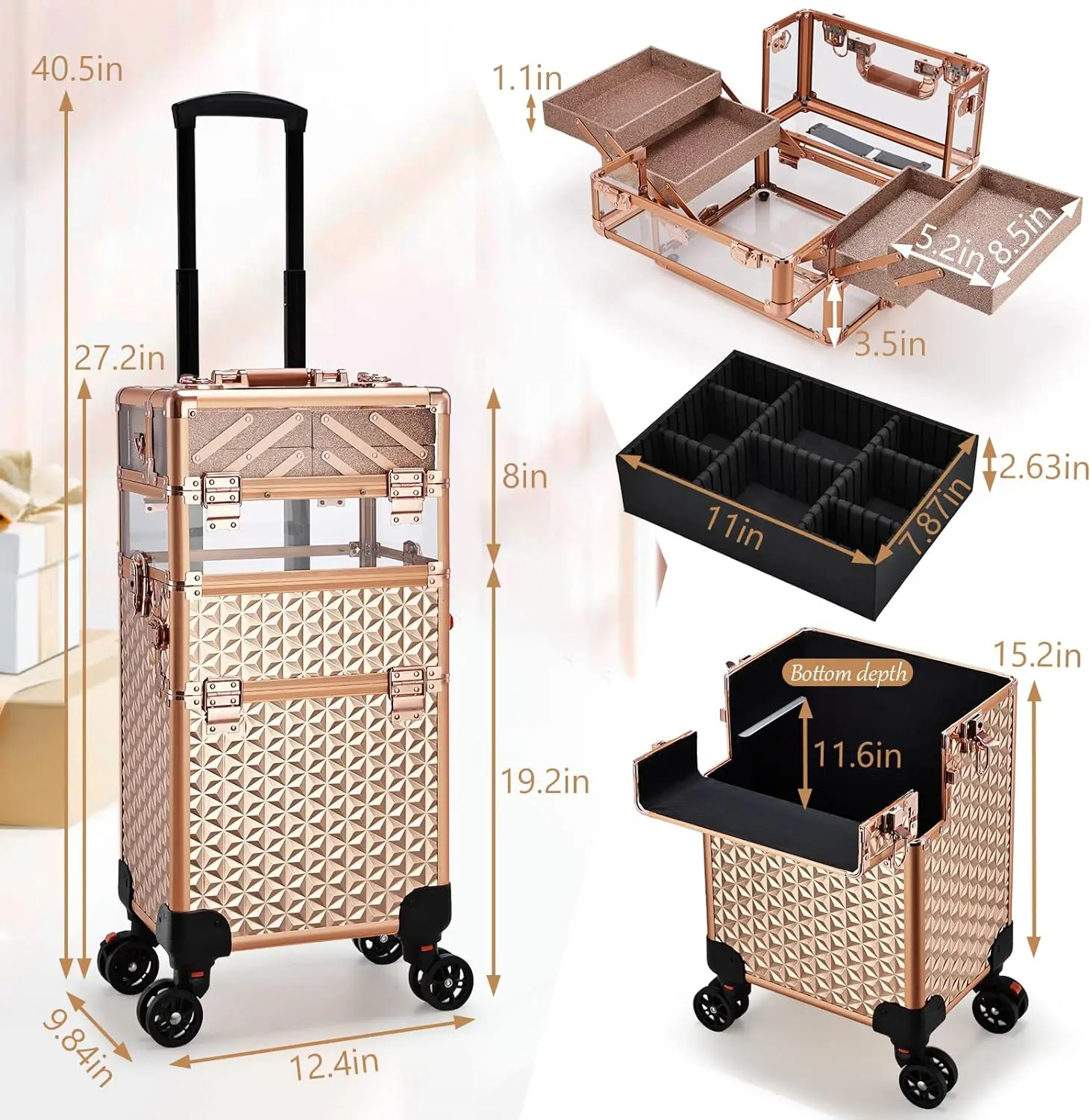 Rose gold 3 in 1 Train Case on Wheels Makeup Trolley Salon Traveling Trunk Suitcase for Cosmetology School Nail Tech Hairstylist