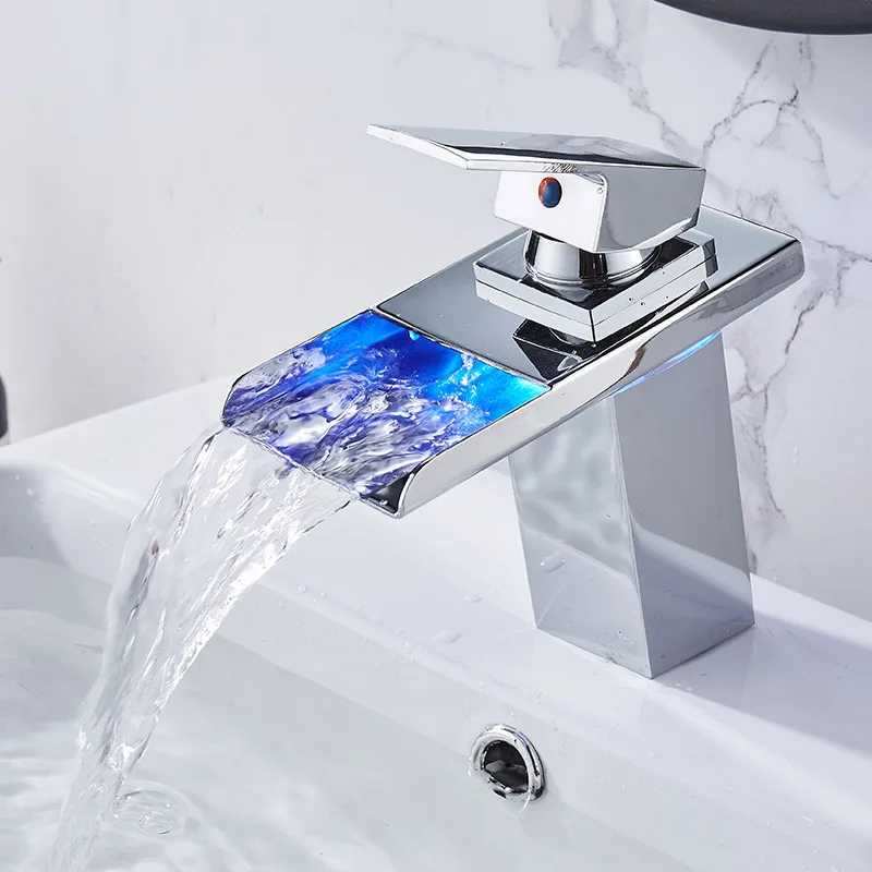 New Design LED Light Glass Spout sink Faucet 3 colors Bathroom Basin Hot and Cold Water Waterfall Mixer Tap