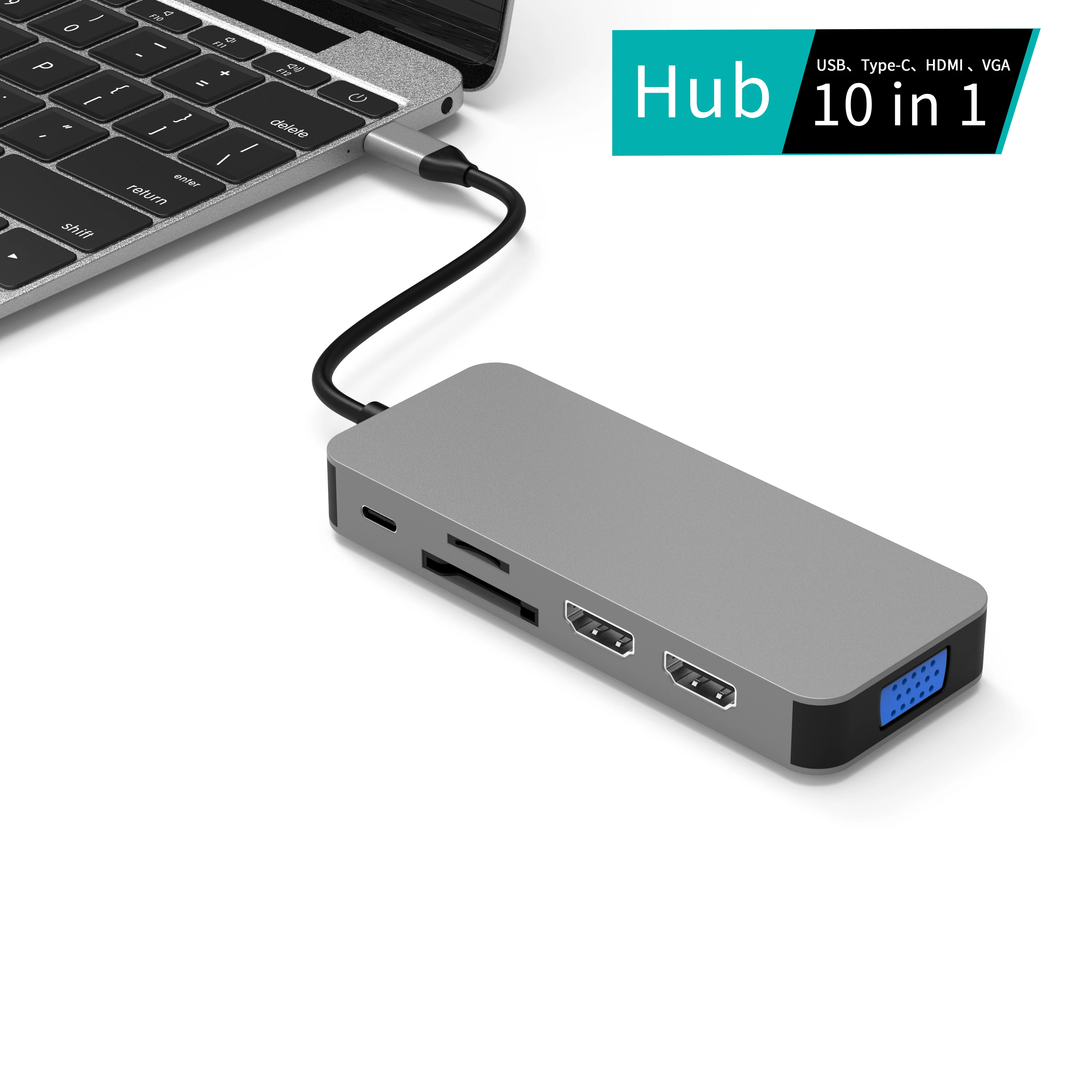 10 in 1 splitter usb c hub adapter for laptop and phone Dual 1080p HDMI VGA PD Charging 100w micro sd Multiports Hub