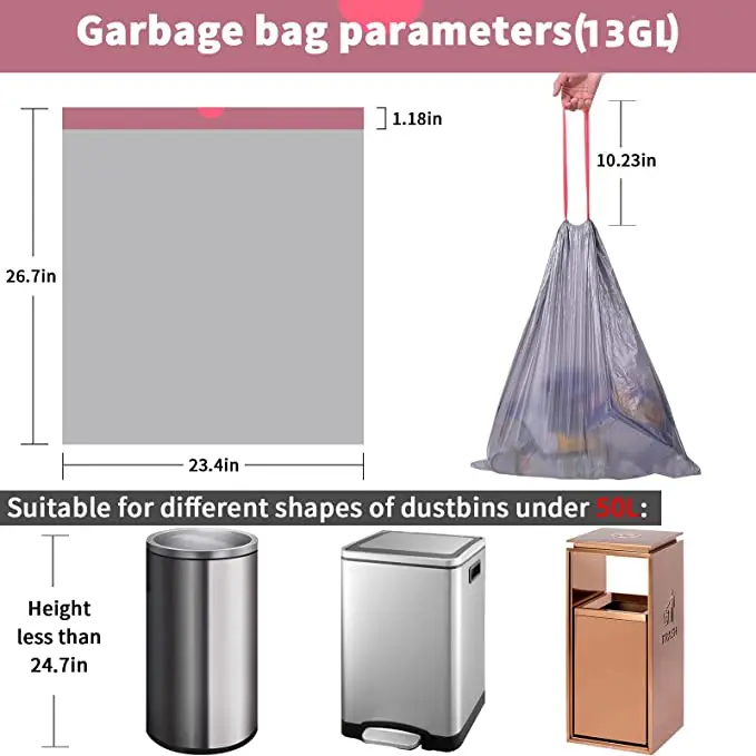 Drawstring Trash Bags Of Chinese Manufacturer 100% Biodegradable Reusable Bin Liner GRS Certified Recycled Plastic Garbage Bag