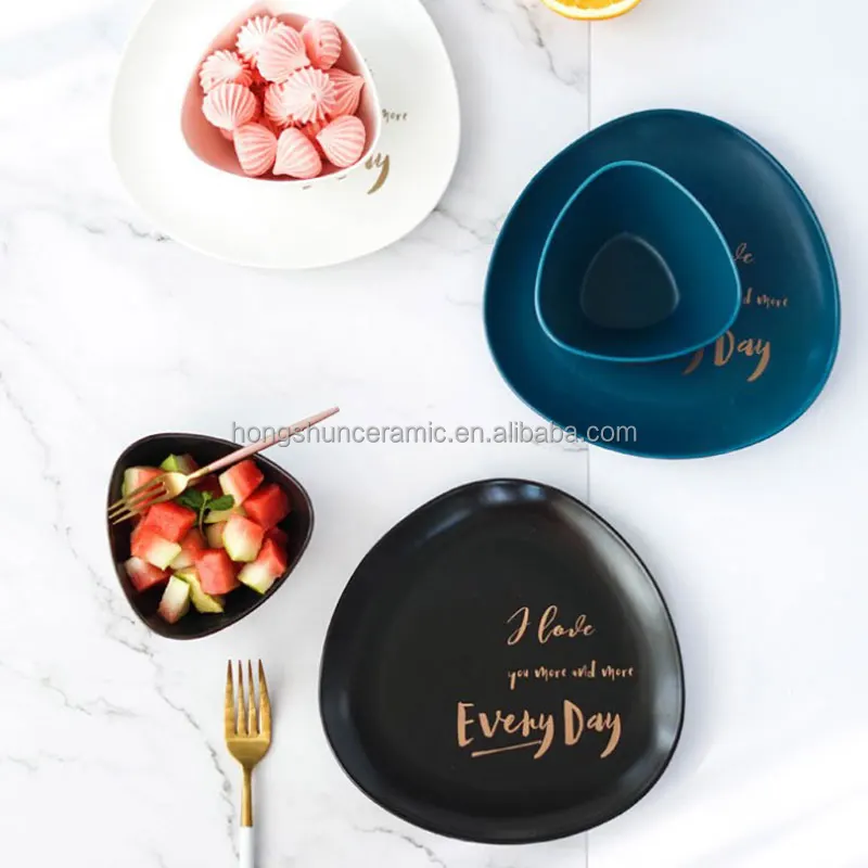 Nordic creative ceramic tableware with gold text western dishes matte gold triangle plate