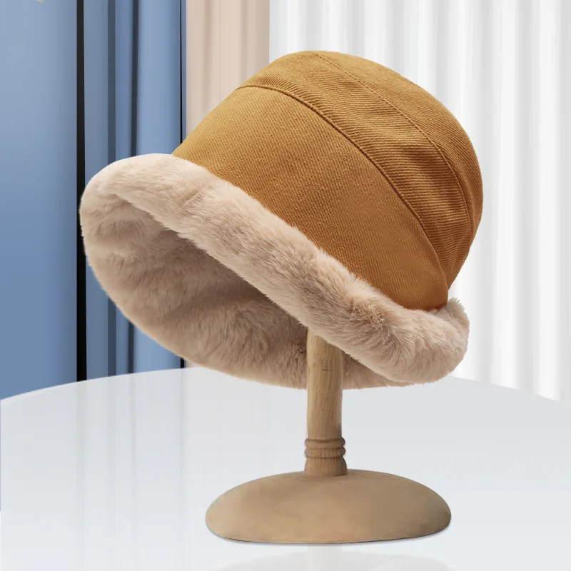Hot Sale Autumn And Winter Women Cashmere Lamb Fur Fisherman Hat Thick Warm Plush Basin Hats Caps