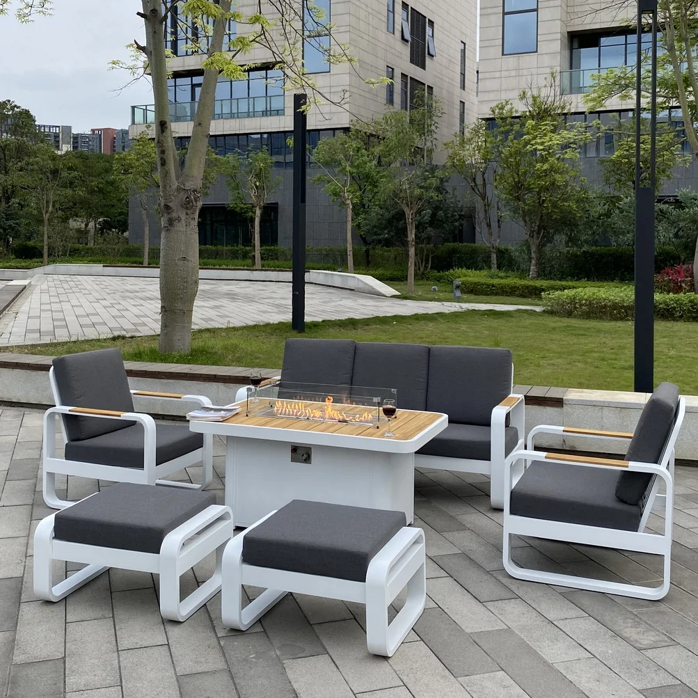 50 Inch Teak Wood Outdoor Furniture  Fire Pit Table  with Teak Wood Sofa Set