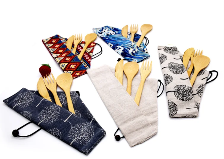 Japanese Design Natural Wooden Material Cutlery Set For Camping