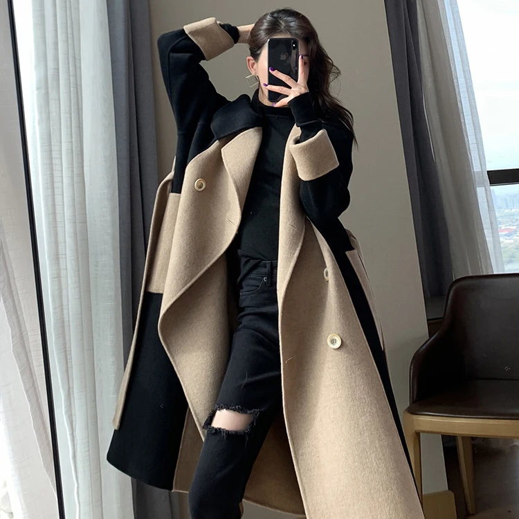 Winter Mid-Long Women Elegant Notched Collar Wool Blend Overcoat Double Breasted Pea Coat Trench Coat with Belt