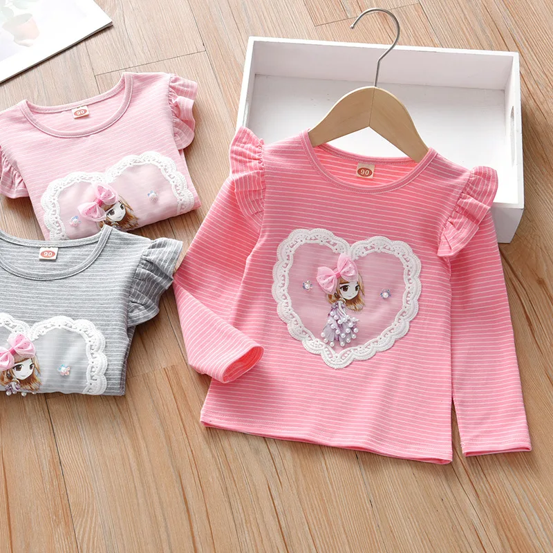 Latest fashion spring autumn ruffle long sleeve top toddler girls round neck heart shape applique 3 colors little girls T shirt