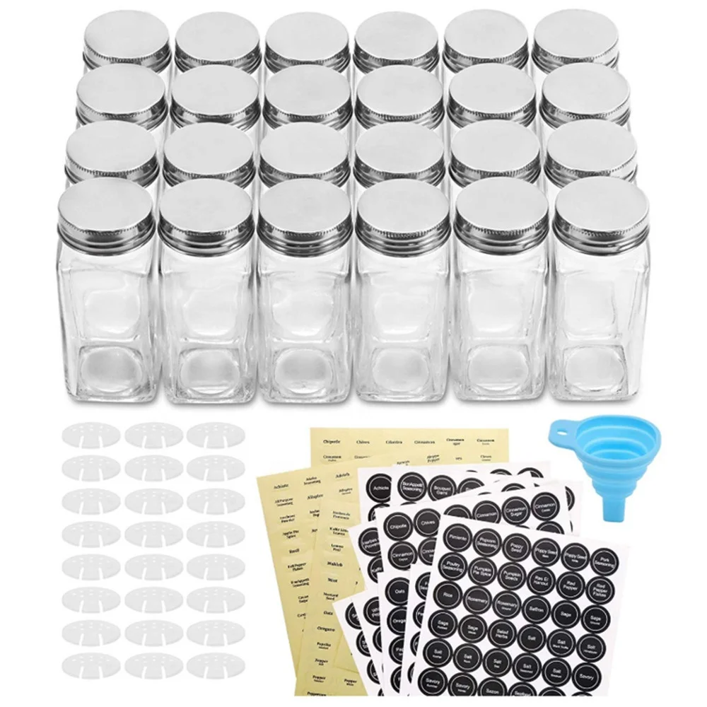 Оптовая продажа, недорогая кружка 4 унции, маленькие квадратные стеклянные банки и бутылки для специй, контейнер с воронкой и этикетками, шейкер, верхние крышки, маленькое качество