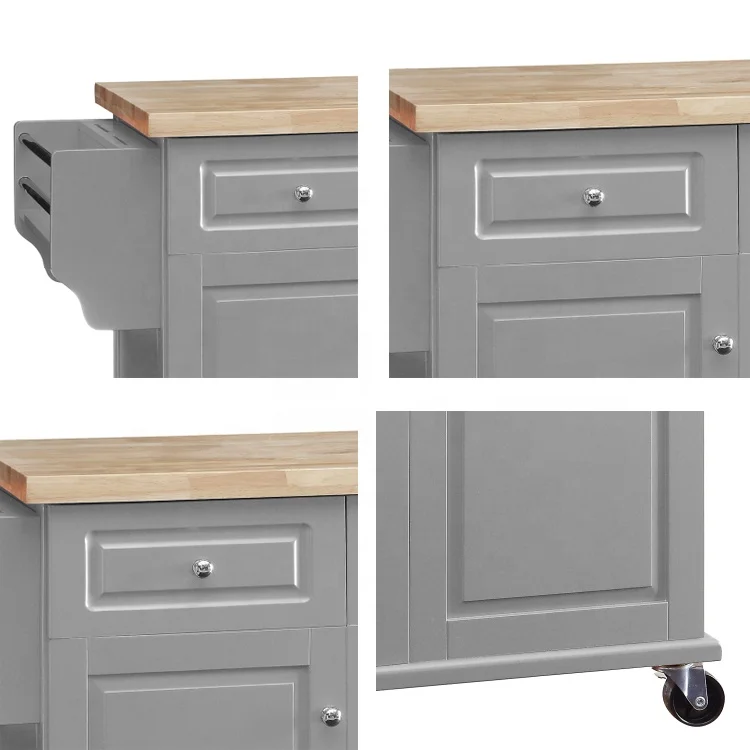 Rubber Wood Top Big Rolling Organizer Cart  3 Doors 3 Drawers Classical Kitchen Islands Movable Storage Cabinet on Wheels