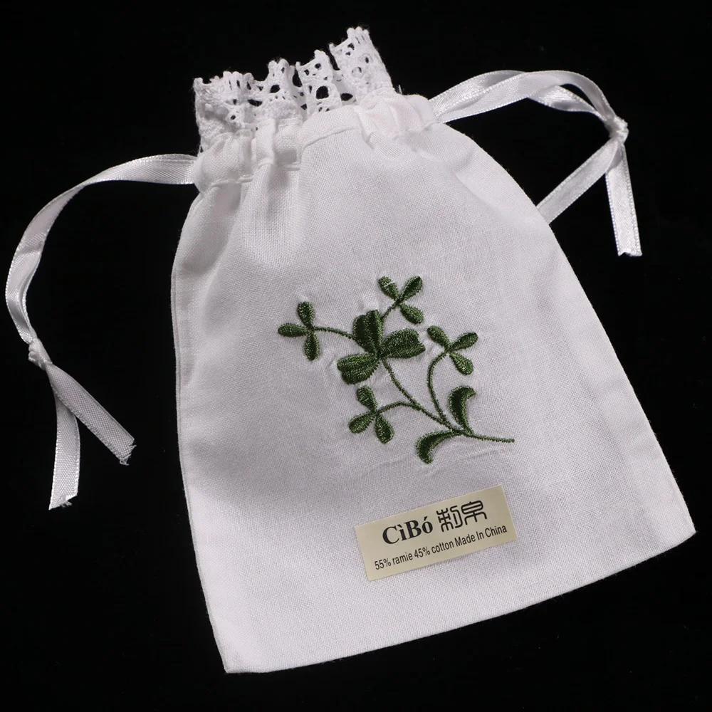 B016 White Ramie  CottonCotton Lace pocket mouth  Gift Sachet bags Travel storage  pouch Drawstring bags