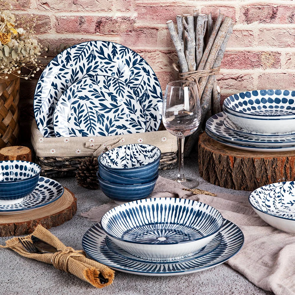  Hot sale high-end blue patterned leaves support custom printed ceramic modern porcelain luxury