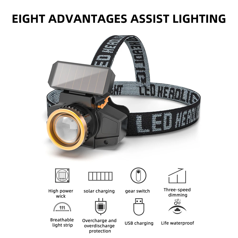XPE LED Headlamp Sensor Headlight with Battery Head-mounted Flashlight Solar USB Rechargeable Waterproof Head Lamp Torch