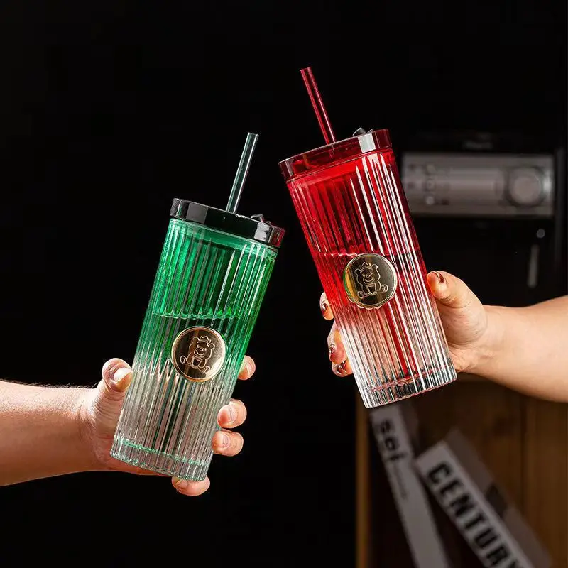 Seaygift creative 470ml car travel coffee milk juice cup girls gift glass tumbler mug vertical striped gradient glass straw cup