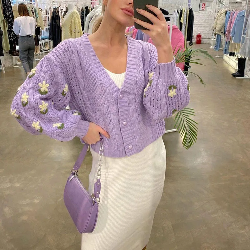 Chic Flower Knittend Cardigan Tops Women V Neck Long Sleeve Korean Fashion Sweater Cardigans Female Loose Sweaters Coat