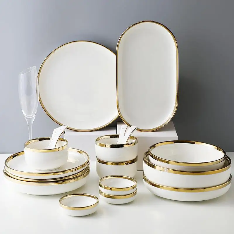 Luxury Ceramic Tableware Sets one China Porcelain Dinner Plate Set With Gold Rim Restaurant Tableware Sets