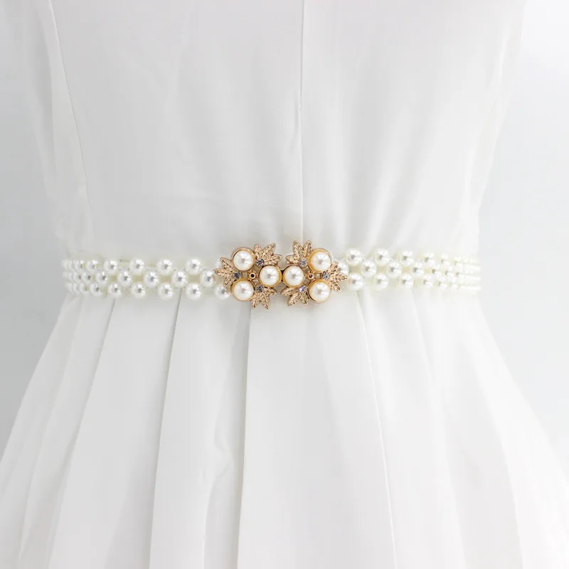 Lady Rhinestone Pearl Waist Chain Fashion Dress Decorate High Elastic Belt Female Sweet Flower Waistband