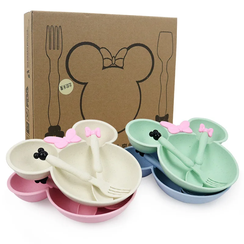 Good Quality Wheat Straw Dinner Set Baby Tableware Set With Suction Food Plate Set Cartoon Eco-Friendly Baby Spoon Fork Bowl