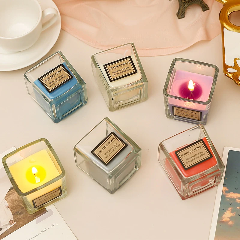 Square Small Transparent Glass Cup Aroma Scented Candle for Home Decor, Clear Glass Jar Fragrance Soy Wax Color Scented Candle