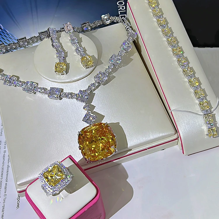 Luxury Simulated Diamond Super Big Gemstone Necklace 925 Sterling Silver Party Necklace Yellow Square Zircon Pendant Necklace