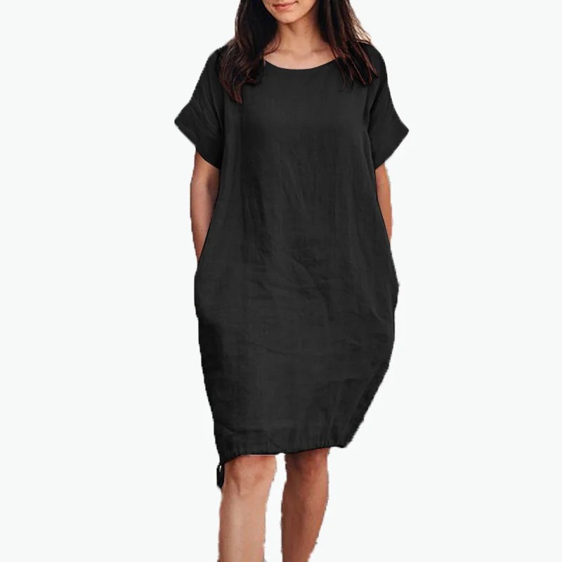 OEM Cotton Linen Knee Casual Loose Short Sleeve Robe  Summer Lady Vintage Dress Oversize Womens Solid Sundress