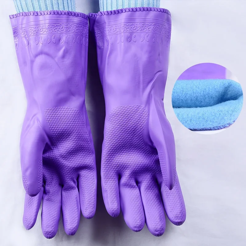 Waterproof Durable Fleece Housework Gloves Thickened Latex Rubber Purple Women Pvc Cleaning Gloves Rubber